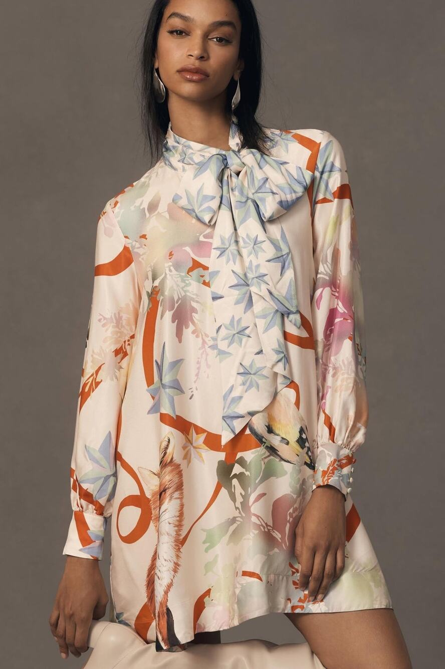 nwt ANTHROPOLOGIE MAEVE sz S The Caroline Tie-Neck Dress foxes & birds motif